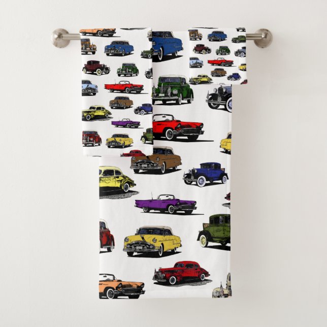 Vintage Cars Illustrations Random Pattern Bath Towel Set (Insitu)