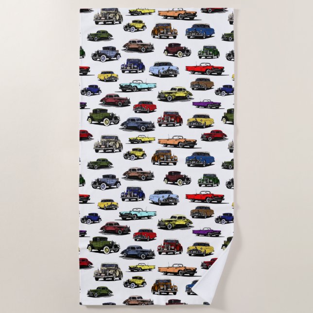 Vintage Cars Illustrations Random Pattern Beach Towel (Front)