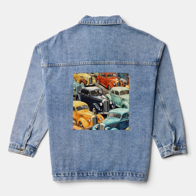 Vintage Cars Pattern Denim Jacket (Back)