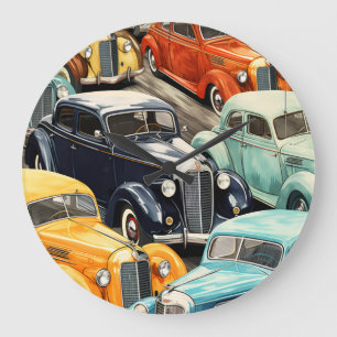 Vintage Cars Pattern Large Clock