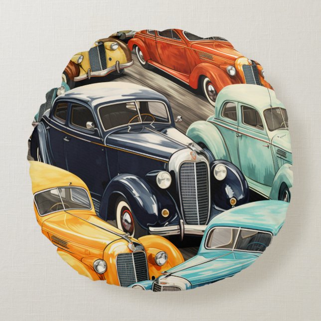 Vintage Cars Pattern Round Cushion (Front)
