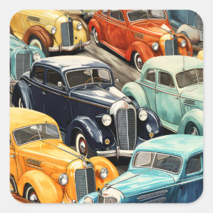 Vintage Cars Pattern Square Sticker