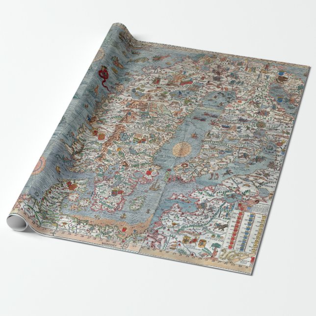 Vintage Carta Marina Scandinavia Map Wrapping Paper (Unrolled)