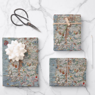 Vintage Carta Marina Sea Monster Map Wrapping Pape Wrapping Paper Sheet