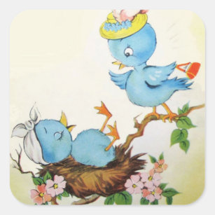 Vintage Cartoon Birds In a Nest Square Sticker