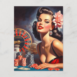 Vintage Casino Pin-Up Illustration Postcard