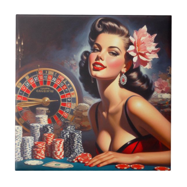 Vintage Casino Pin-Up Illustration Tile (Front)