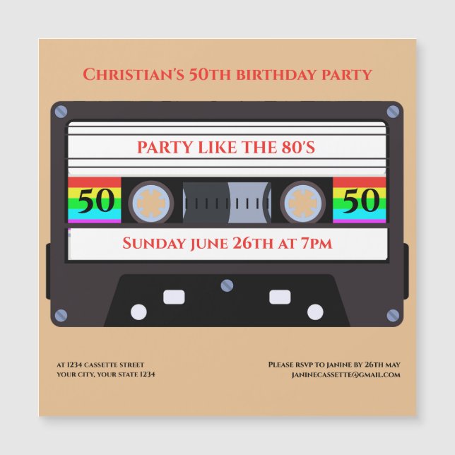 Vintage cassette magent birthday invitation (Front)