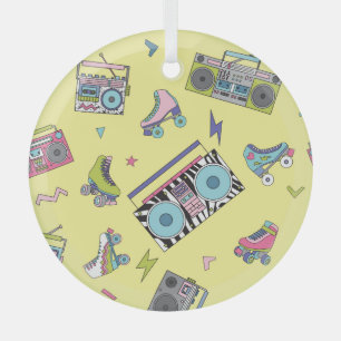 Vintage cassette, roller skates: retro glass tree decoration