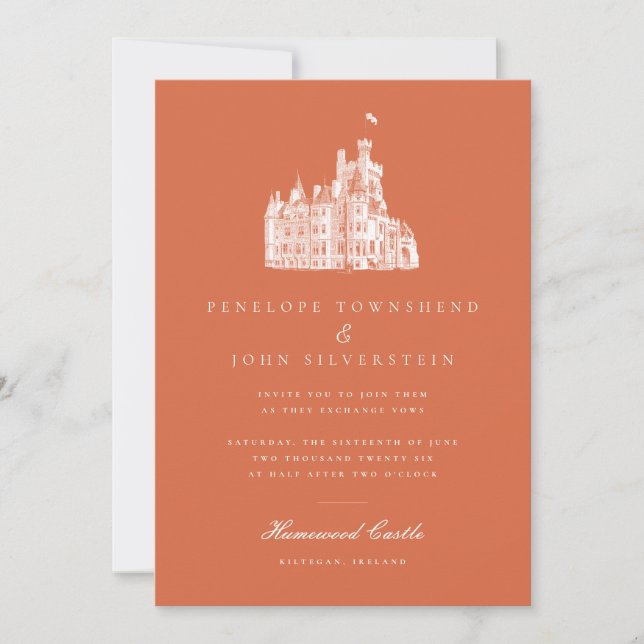 Vintage Castle Drawing Terracotta Orange Wedding Invitation (Front)