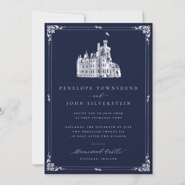 Vintage Castle Illustration Border Navy Wedding Invitation (Front)