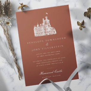 Vintage Castle Illustration Burnt Orange Wedding Invitation