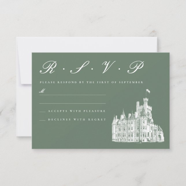 Vintage Castle Illustration Sage Green Wedding RSVP Card (Front)