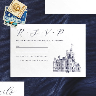 Vintage Castle Venue Illustration Wedding RSVP Card