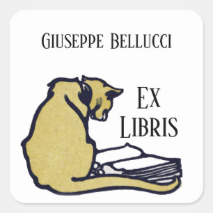 Vintage Cat and Book Ex Libris Bookplate Sticker