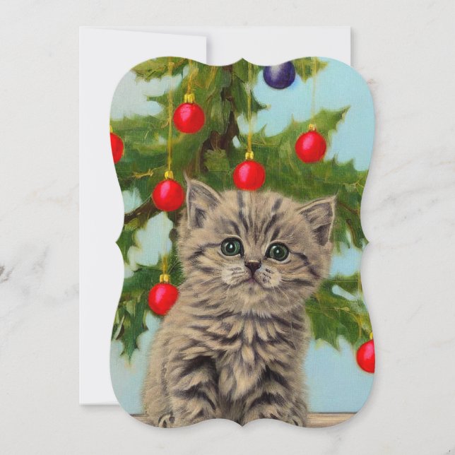 Vintage Cat and Christmas Tree Card (Front)