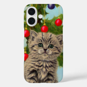 Vintage Cat and Christmas Tree iPhone 16 Case