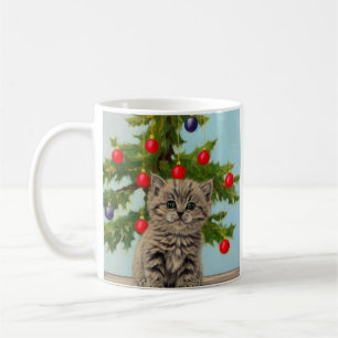 Vintage Cat and Christmas Tree Coffee Mug