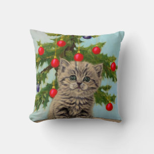 Vintage Cat and Christmas Tree Cushion