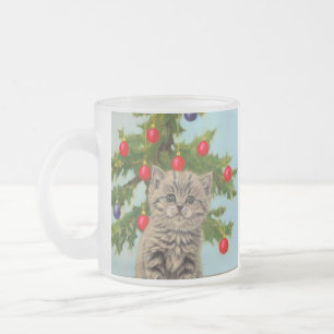Vintage Cat and Christmas Tree Frosted Glass Coffee Mug