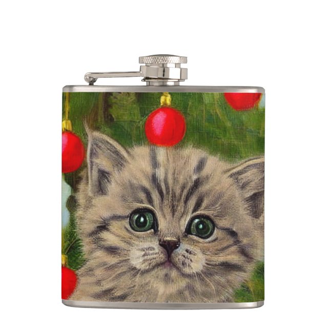 Vintage Cat and Christmas Tree Hip Flask (Front)