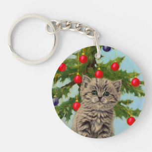Vintage Cat and Christmas Tree Key Ring