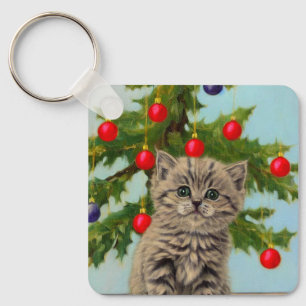 Vintage Cat and Christmas Tree Key Ring