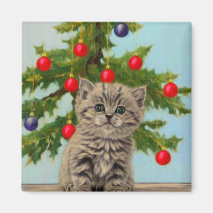 Vintage Cat and Christmas Tree Magnet