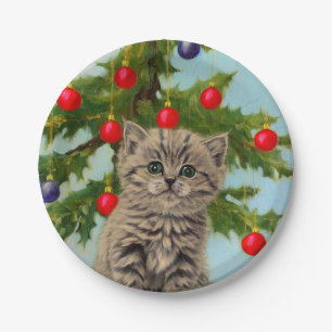 Vintage Cat and Christmas Tree Paper Plate