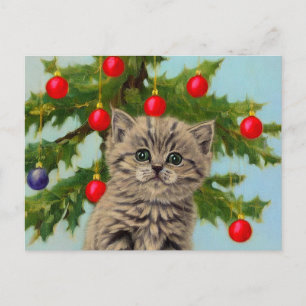 Vintage Cat and Christmas Tree Postcard