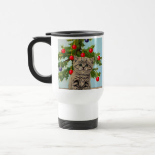 Vintage Cat and Christmas Tree Travel Mug