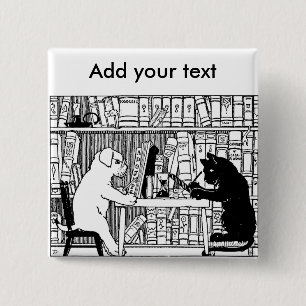 Vintage Cat and Dog Library Bookish Literary 15 Cm Square Badge