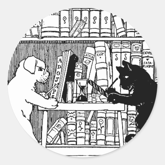 Vintage Cat and Dog Library Bookish Literary  Classic Round Sticker (Front)