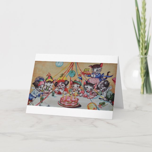 Vintage Cat And Dog Party Birthday Card (Front)