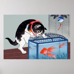 Vintage Cat and Goldfish Art Poster Print
