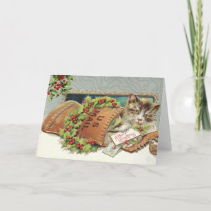 Vintage Cat and Holly Berry  Holiday Card
