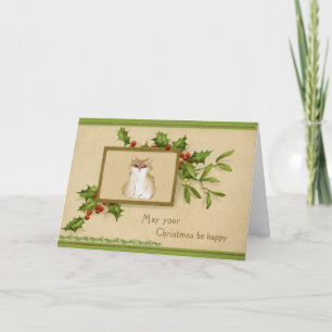 Vintage Cat and Holly Christmas Card