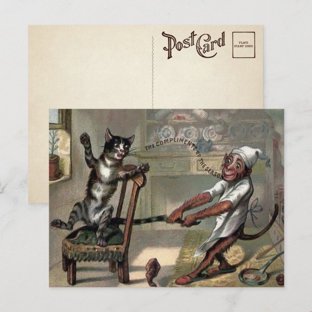 Vintage Cat and Monkey Christmas Postcard  (Front/Back)