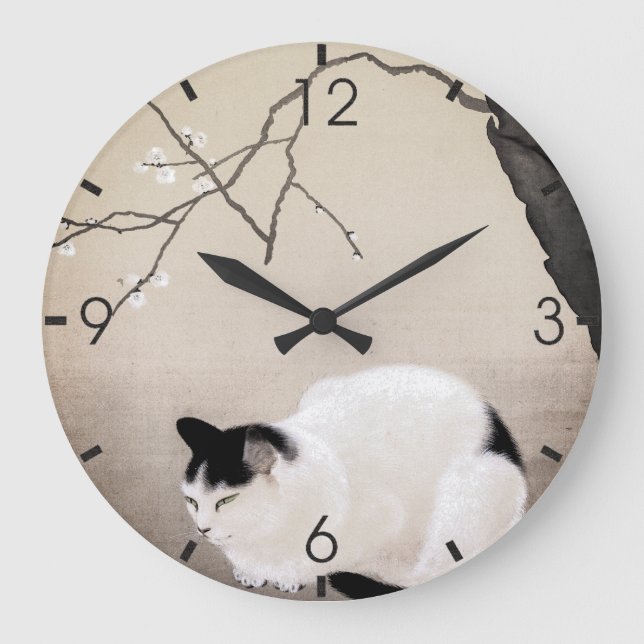 Vintage Cat and Plum Blossoms Japanese Art Large Clock (Front)