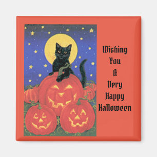 Vintage Cat And Pumpkins Halloween Magnet