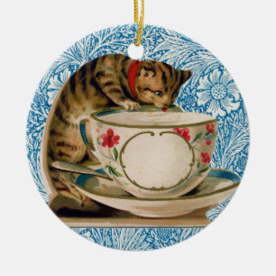 Vintage Cat And Tea Cup, Victorian Retro Ceramic Tree Decoration