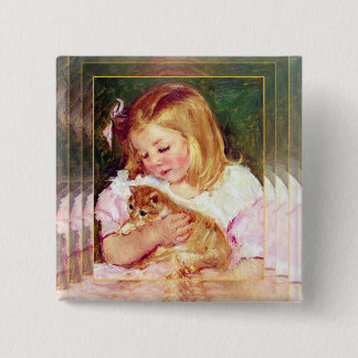 Vintage Cat Art:  "Girl Holding A Cat" 15 Cm Square Badge