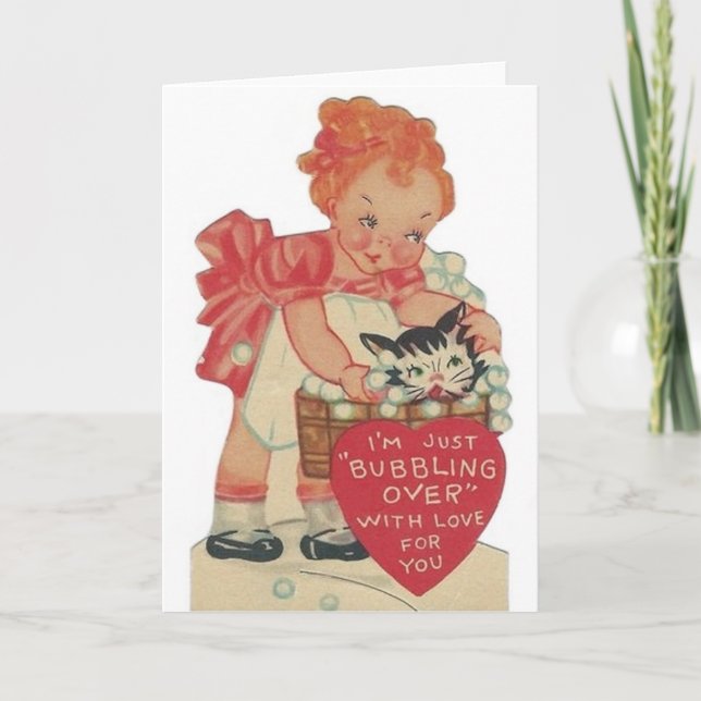 Vintage Cat Bath Love Bubbles Valentine Holiday Card (Front)