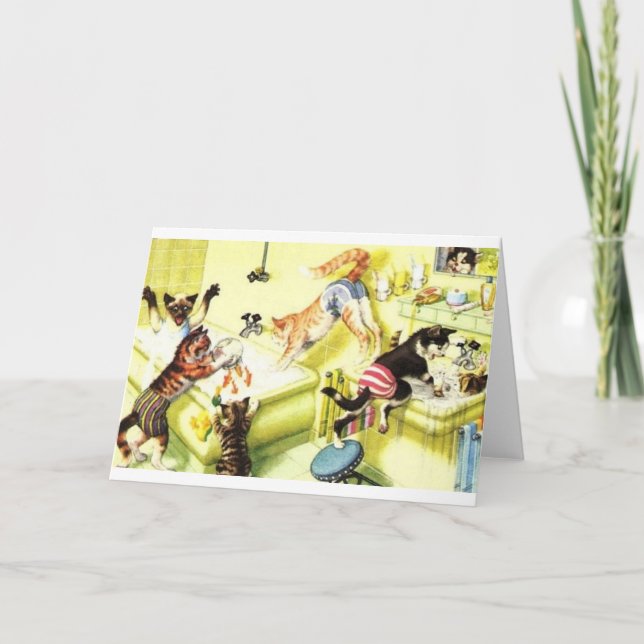 Vintage Cat Bath Time Chaos Note Card (Front)