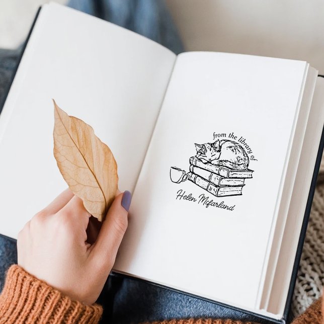 Vintage Cat Books and Coffee Bookplate Rubber Stamp (Creator Uploaded)