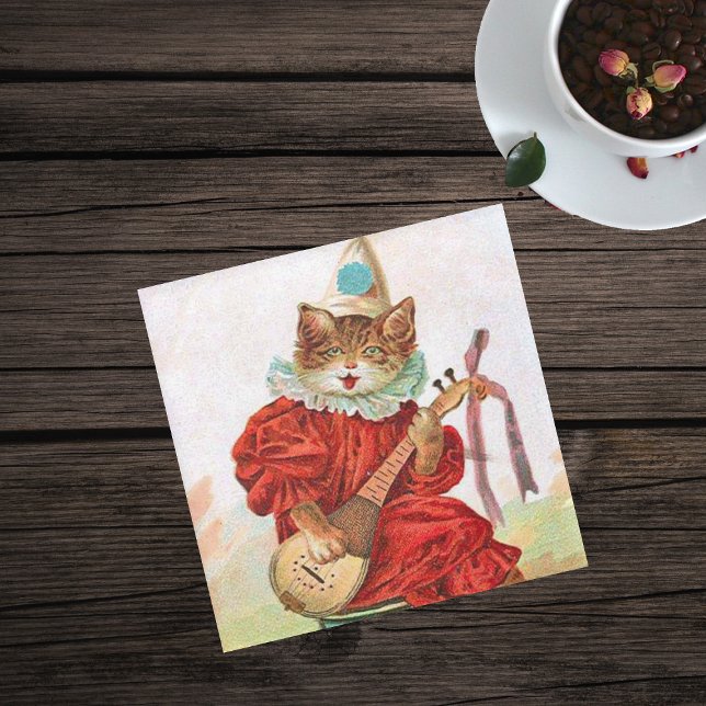 Vintage Cat Clown Suit Playing Mandolin Glass Coaster (Cat dressed in red Jester outfit with hat playing mandolin on glass drink coaster.)