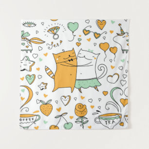 Vintage cat couple: seamless icons. tapestry