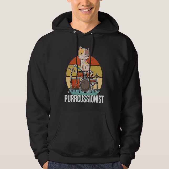Vintage Cat Drumming Drummers Percussionists Music Hoodie (Front)