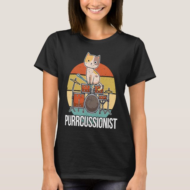 Vintage Cat Drumming Drummers Percussionists Music T-Shirt (Front)