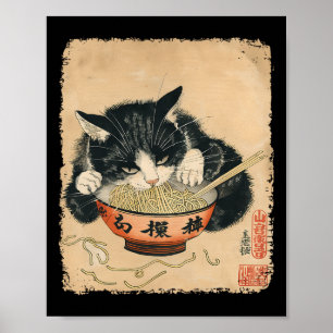 Vintage Cat Eating Ramen Noodles Gothic Otaku Japa Poster